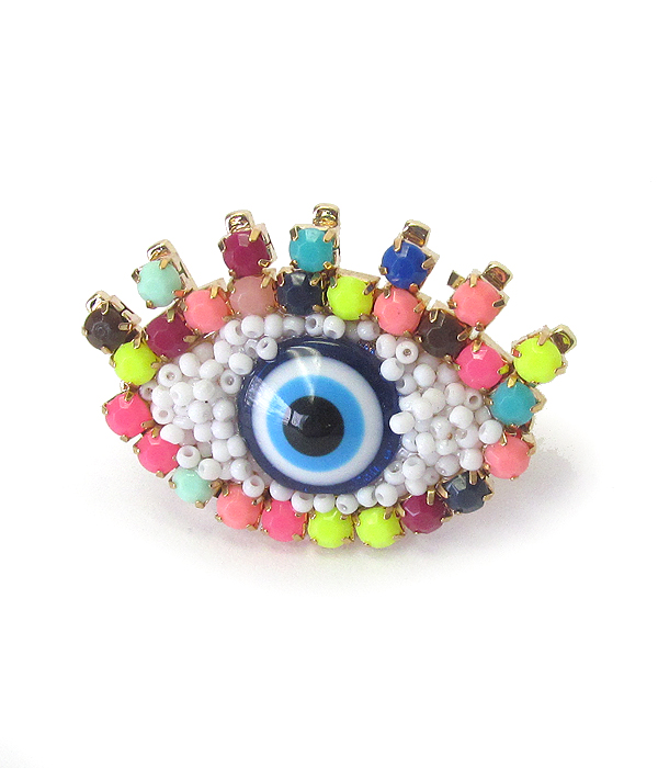 Multi seed bead evil eye adjustable ring