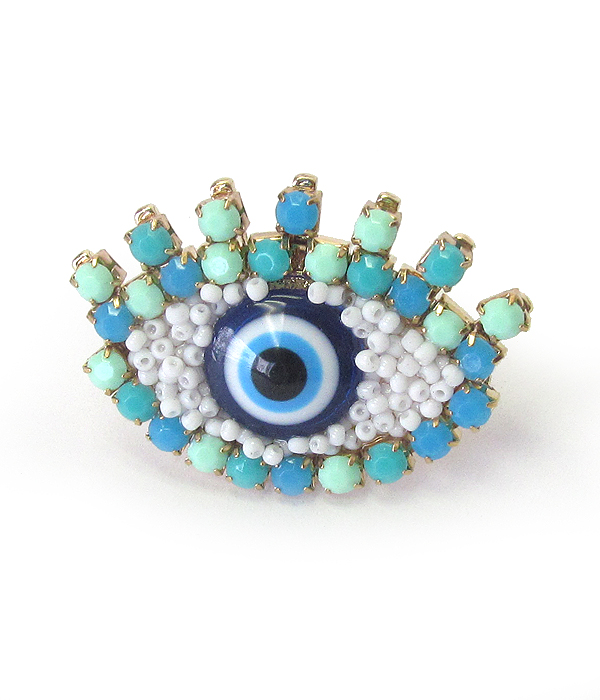 Multi seed bead evil eye adjustable ring