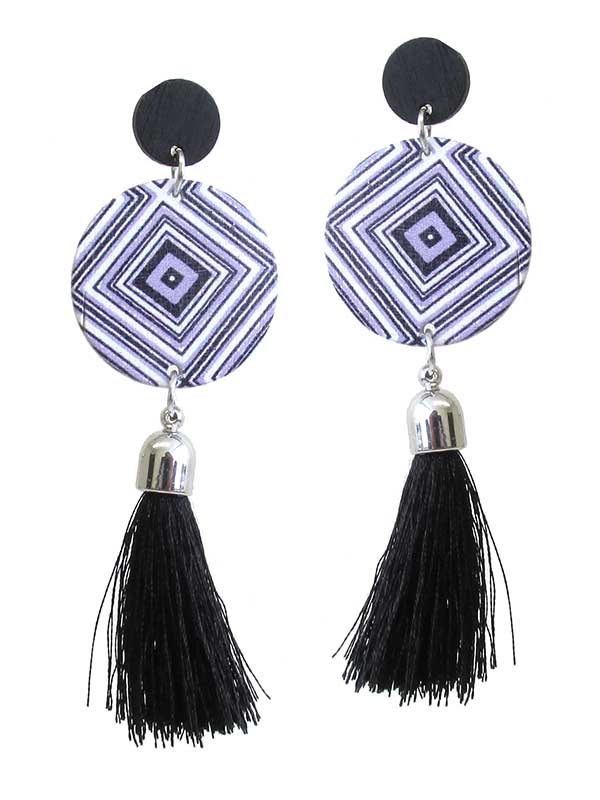 Pattern print disc and tassel drop earring