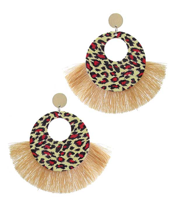 Animal print hoop and fan tassel earring