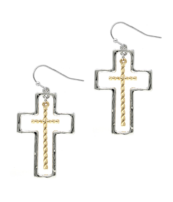 DOUBLE METAL CROSS DROP EARRING