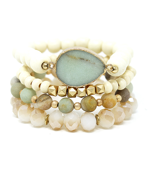 Semi precious stone and multi bead mix 4 stretch bracelet set