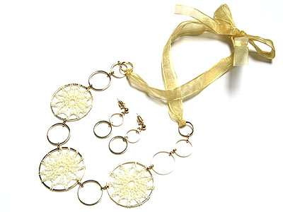 Woven fabric round metal and natural stone long necklace and earring set