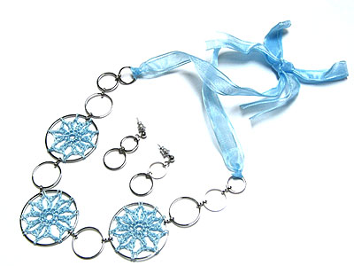 Woven fabric round metal and natural stone long necklace and earring set