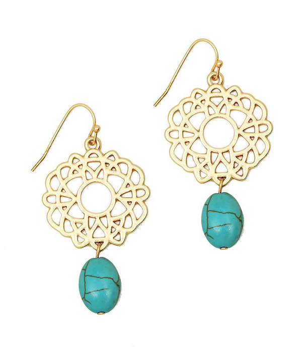 Metal filigree and turquoise drop earring