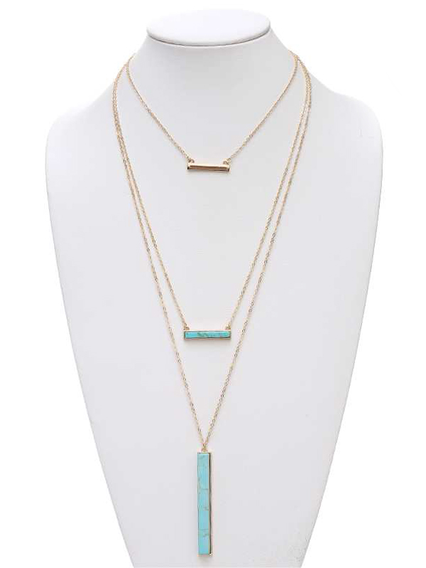 Simple stick stone and metal bar triple layer necklace