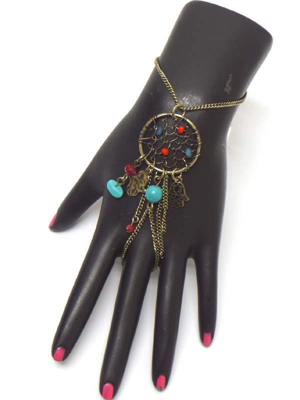 BOHO STYLE DREAM CATCHER HAMSA DANGLE SLAVE RING AND BRACELET SET