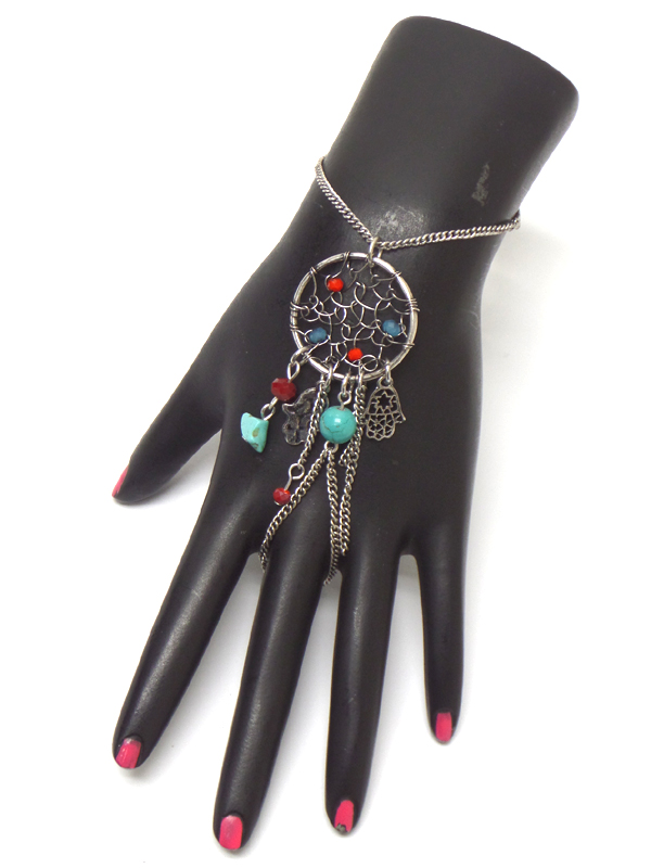 BOHO STYLE DREAM CATCHER HAMSA DANGLE SLAVE RING AND BRACELET SET