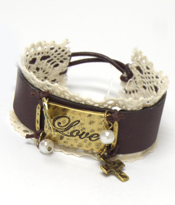 Handmade leather lace metal love bracelet
