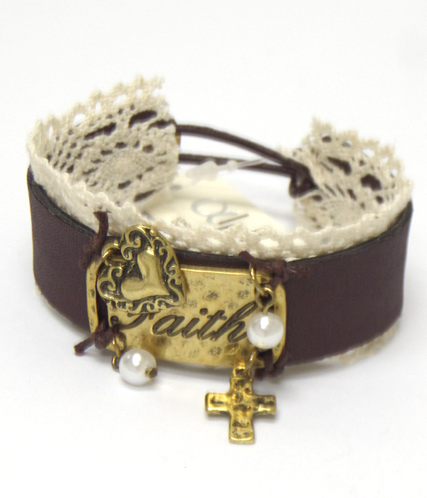 Handmade leather lace metal faith bracelet