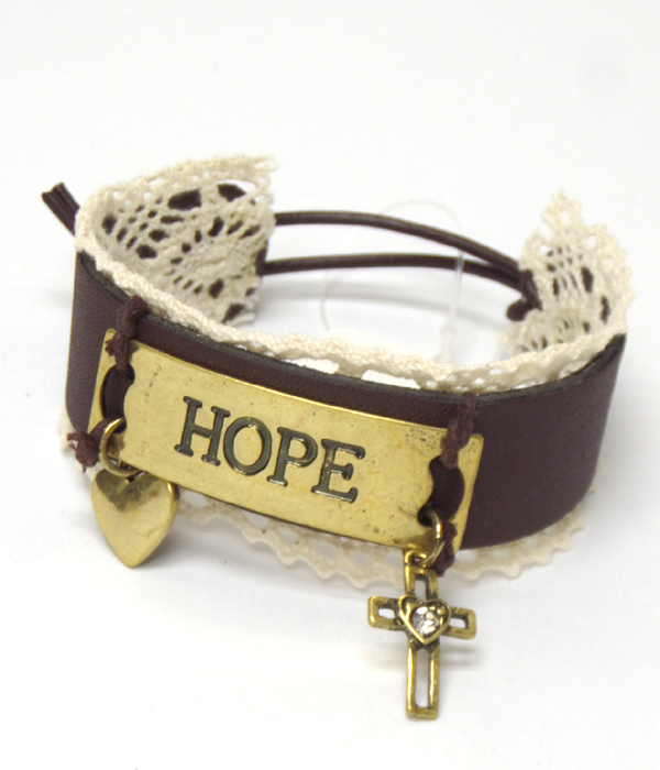 Handmade leather lace metal hope bracelet