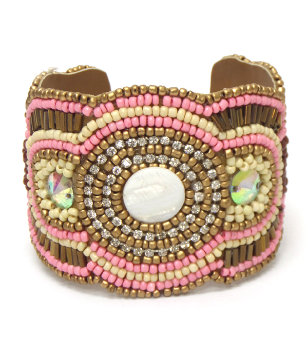 Multi seedbeads with stone center cuff bracelet