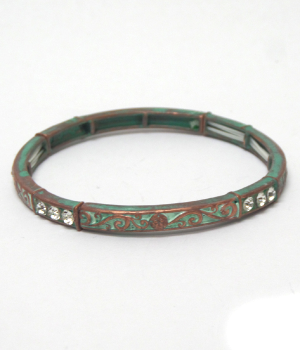 Patina metal textured with crystals bracelet 
