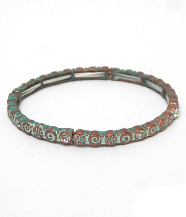 Patina metal textured with crystals bracelet 