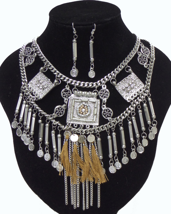 BAROQUE STYLE DOUBLE LAYER CHAIN WITH TASSEL DROP NECKLACE SET