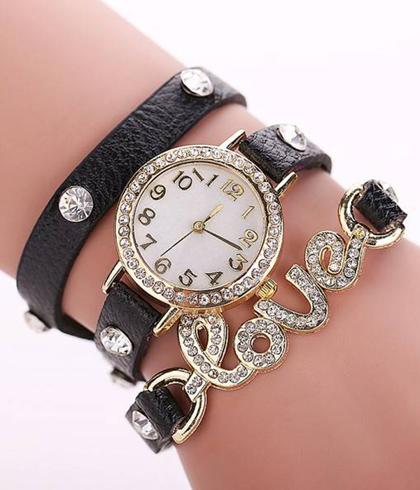 Love crystal stud long leather wrist wrap watch