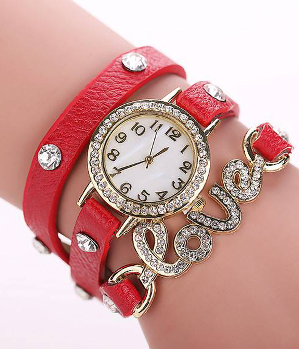Love crystal stud long leather wrist wrap watch