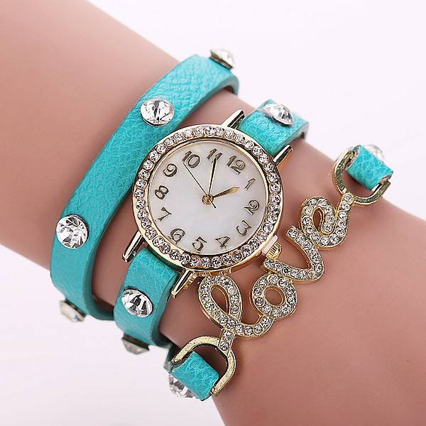 Love crystal stud long leather wrist wrap watch