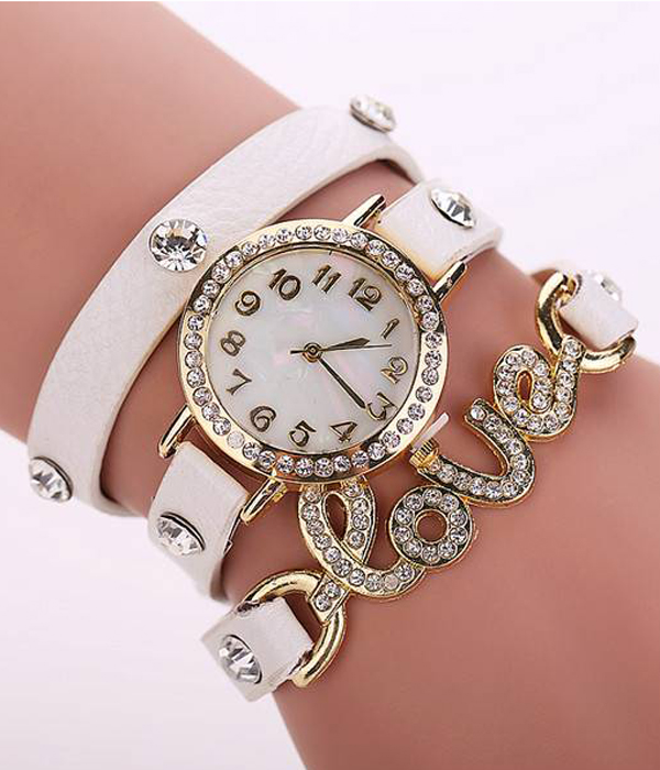 Love crystal stud long leather wrist wrap watch