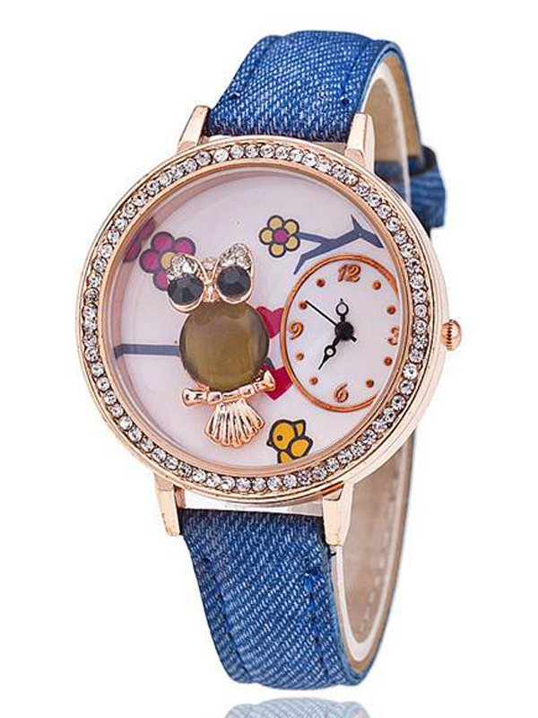 Crystal and owl art face denim band watch