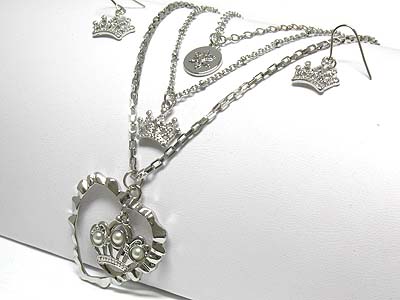European style triple layer crown pendant necklace and earring set
