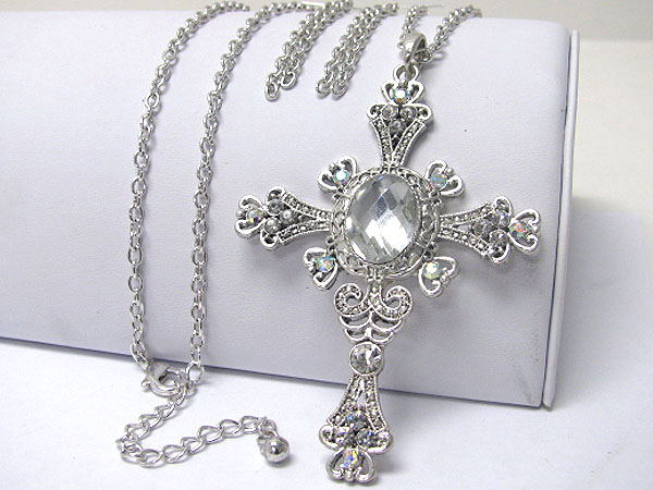 Crystal and glass deco large metal cross pendant long necklace earring set
