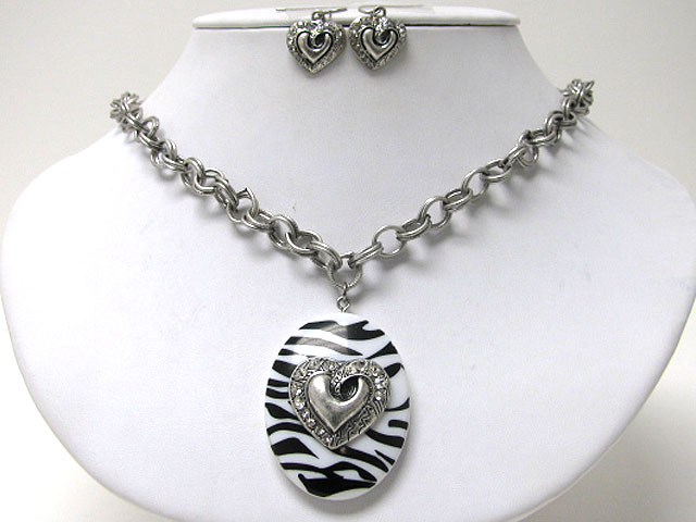 Antique metal heart oval acryl pendant necklace earring set