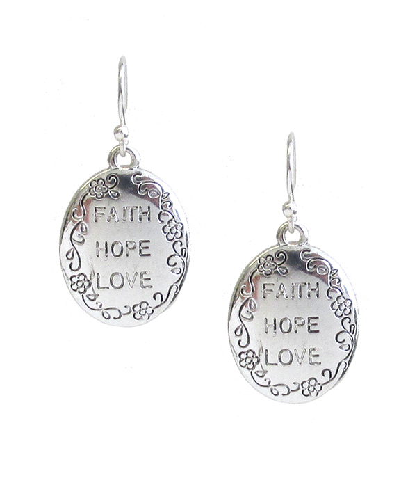 RELIGIOUS INSPIRATION OVAL DISC EARRING - FAITH HOPE LOVE