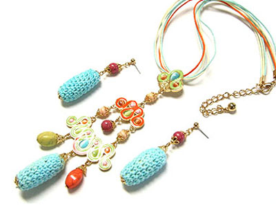 Fabric woven drop and hand painted metal necklace and earring set