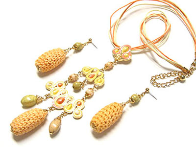 Fabric woven drop and hand painted metal necklace and earring set
