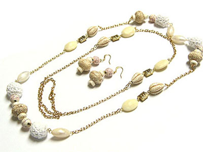Fabric and carved natural beads long necklace and earring set