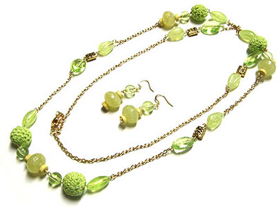 Fabric and carved natural beads long necklace and earring set