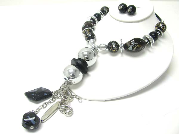 Chunky metal and stone y drop necklace earring set