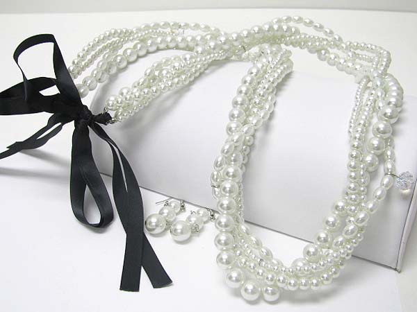 CHIFFON BACK MULTI STRAND PEARL BEADS LONG NECKLACE EARRING SET