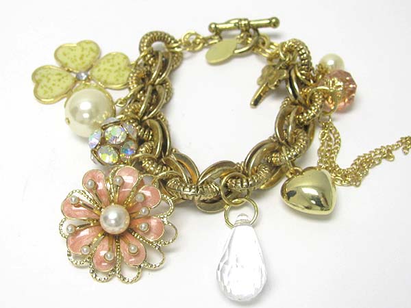 Antique style flower and crystal ball and multi charm dangle bracelet?