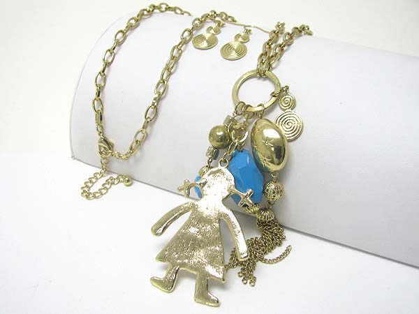 Girl and stone ans tassel drop long necklace earring set
