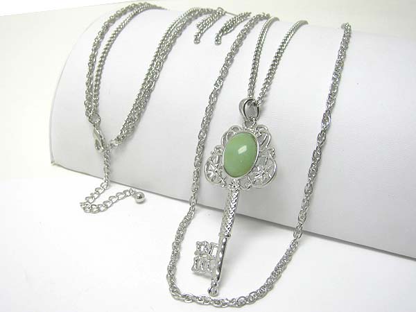 Big stone key pendant long necklace earring set