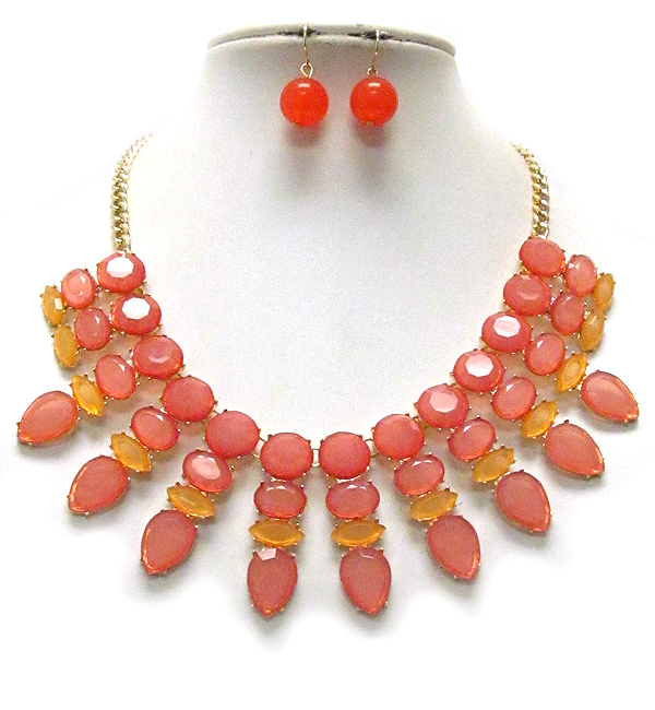 Facet round and arrowhead shape acrylic stone deco drop necklace earring set