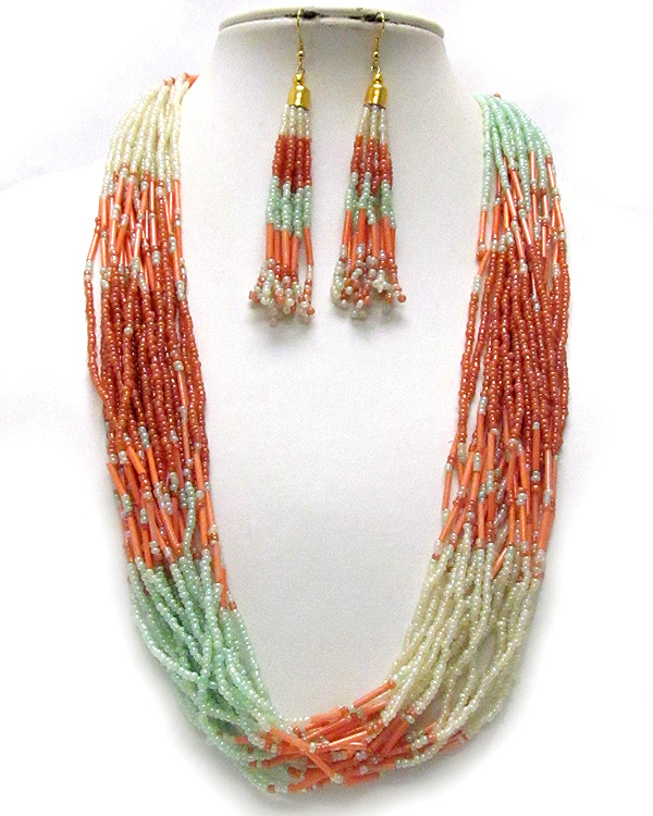 Multi seed bead and layered chain necklace earring set
