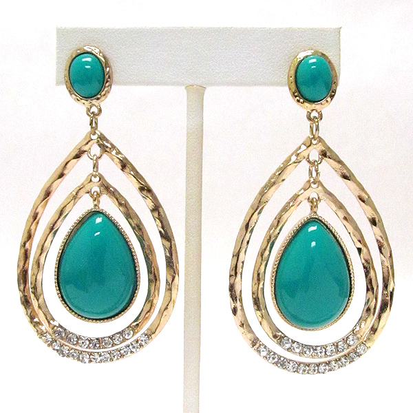 Acrylic teardrop stone and hammered hoop earring - hoops