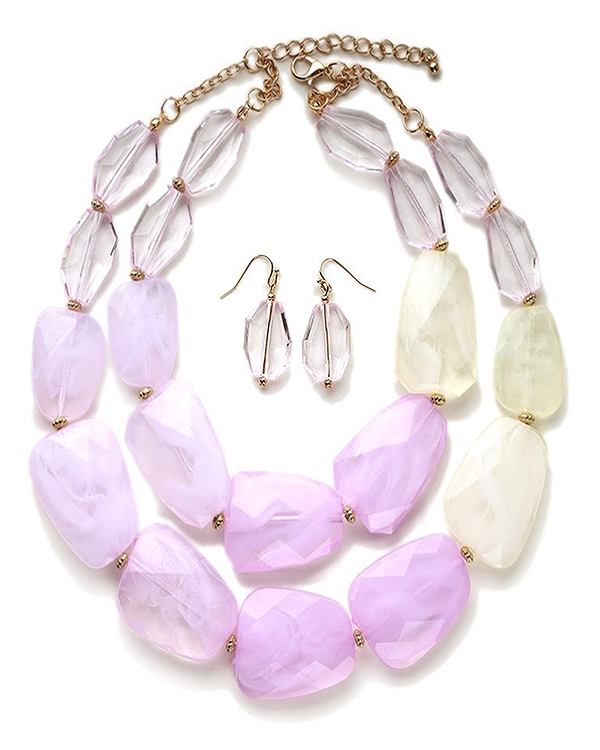 CHUNKY MULTI COLOR FACET RESIN STONE DOUBLE CHAIN NECKLACE EARRING SET