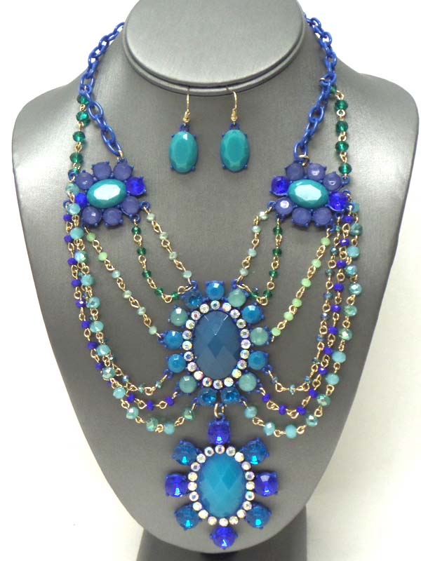 Multi crystal flower and bead chain drop link statement necklace earring set