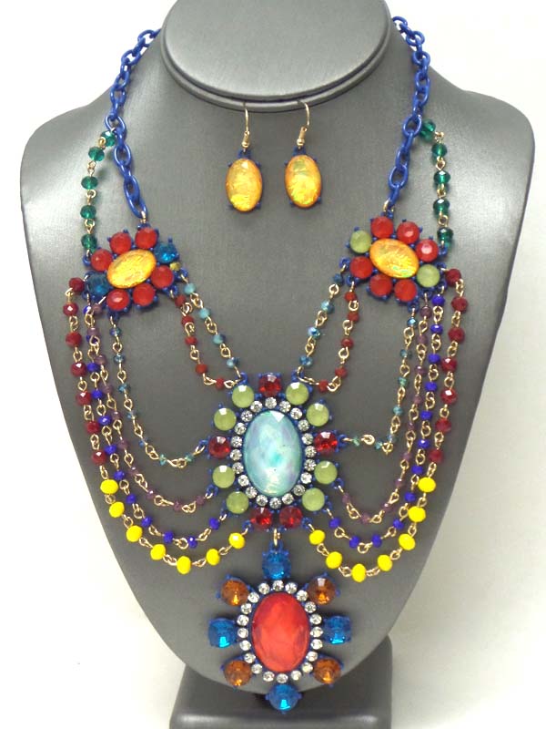Multi crystal flower and bead chain drop link statement necklace earring set