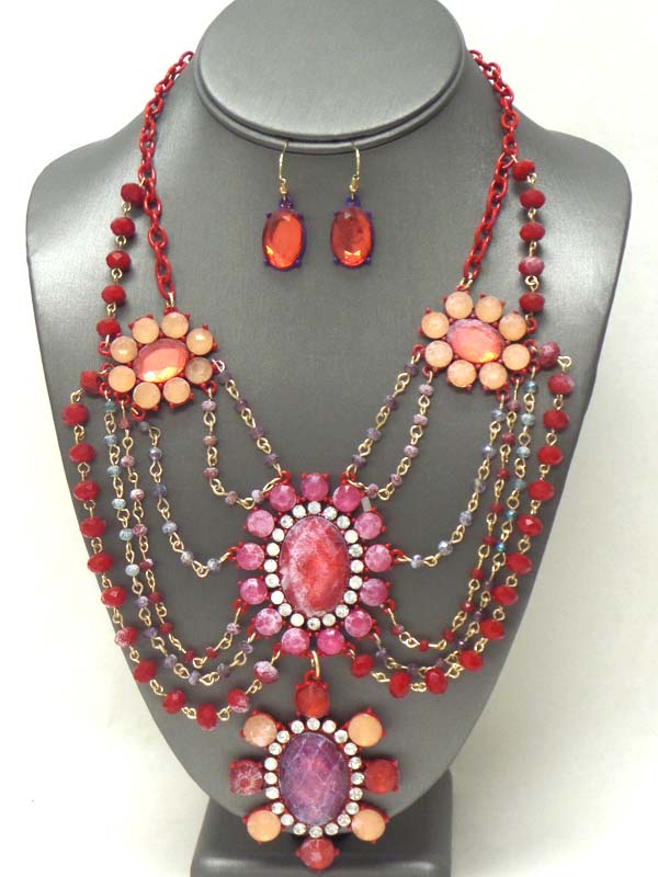 Multi crystal flower and bead chain drop link statement necklace earring set