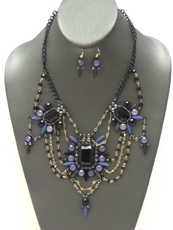 Multi crystal flower and bead chain drop link statement necklace earring set