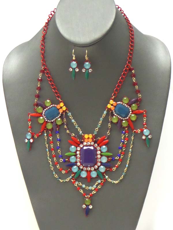 Multi crystal flower and bead chain drop link statement necklace earring set