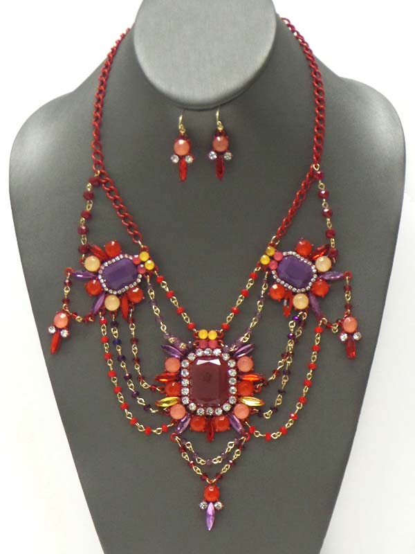 Multi crystal flower and bead chain drop link statement necklace earring set