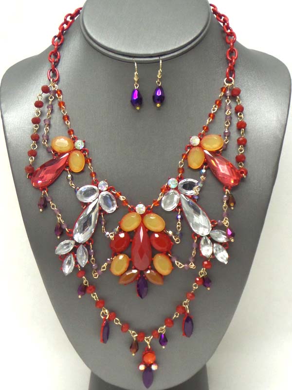 Multi crystal flower and bead chain drop link statement necklace earring set
