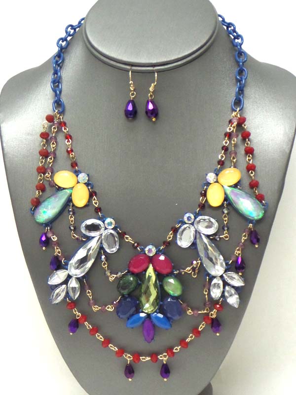 Multi crystal flower and bead chain drop link statement necklace earring set