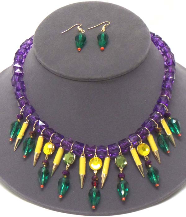 Multi acrylic spike drop and bead chain necklace earring set